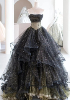 Black ball gown long prom dress, black evening dress    