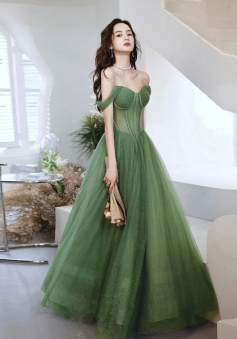 Green Sweetheart Neck Tulle Long Prom Dress, Green Evening Dress     