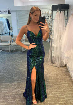 Sheath V Neck Straps Dark Green Sequins Evening Party Dresses, Split Prom Dresses      