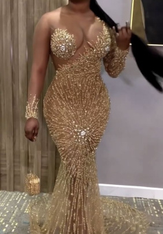 Sexy Mermaid Prom Dress With Sleeves , Formal Evening Dress        
