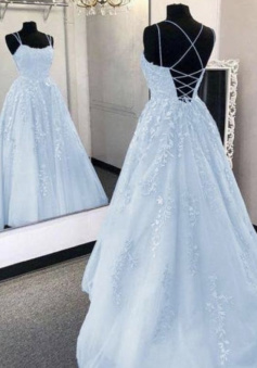 A-Line Light Blue Long Prom Dress Formal Evening Dresses      