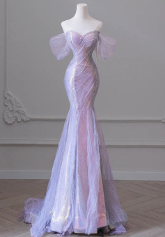 Women Evening Dress with Puff Sleeves Tassel Pearls Tulle Train Prom Gown      