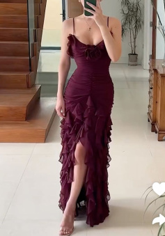 Spaghetti Straps Chiffon Prom Dress, Burgundy Evening Party Dress     