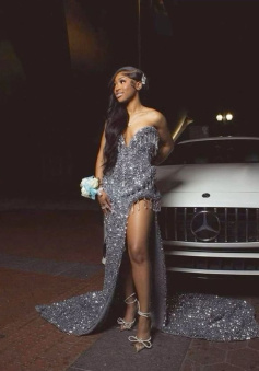 Women Prom Dress Silver Gray Mermaid Sequin Evening Dress     