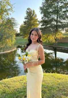 Pastel Yellow Prom Dress, Elegant Lace Evening Dress    