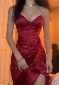 Burgundy Strapless Long Prom Dress Evening Dress With Slit     