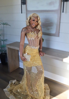 Gold Mermaid Prom Dress Evening Formal Party Birthday Engagement Gowns  