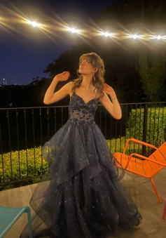 Shinny Tulle A-Line Long Prom Dress Evening Party Dresses 