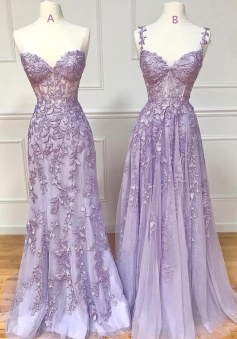 Purple tulle lace long prom dress purple evening dress   