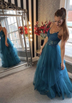 Blue tulle lace long prom dress evening dress     