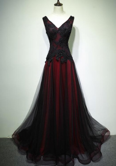 Gorgeous Black And Red V-Neckline Tulle Beaded Prom Dress, Long Evening Gown   
