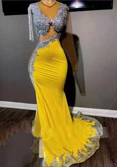 Sexy Yellow Prom Dresses Luxury for Black Girl Mermaid Illusion Bead Long Sleeve Tassel Evening Gowns   