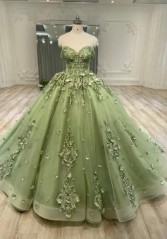 Green A Line Tulle Ball Gown Prom Dresses, Evening Gowns       