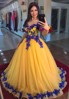Evening Dresses Yellow Sequins Prom Lace 3d Flower Evening Gowns Short Sleeve Princess Formal Women Dress      