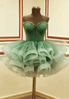 A Line Green Tulle Short Prom Dress Birthday Party Dress Homecoming Dress  