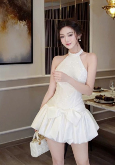 A Line White Halter Short Prom Dress Birthday Party Dress Homecoming Dress  