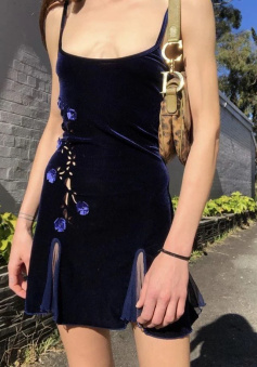 Navy Blue Velvet Homecoming Dresses 3D Flowers Short Prom Dress