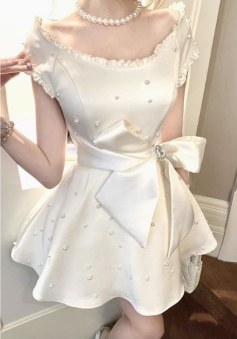 Pearl Satin A-Line Birthday Dress Bow Homecoming Dress