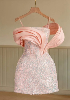 Pink Sequins Party Dress Unique Homecoming Dress    