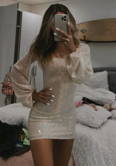 Puff Long Sleeve Mini Party Dress Sequin Homecoming Dress     