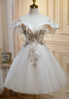 Champagne tulle sequins short prom dress homecoming dress   