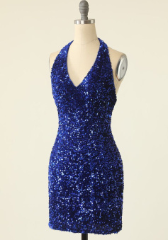 Royal Blue Sequin Halter Open Back Short Homecoming Dress   