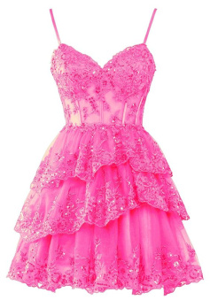 Spaghetti Straps Lace Tulle Homecoming Dresses 2024 Short Applique Corset Tiered Formal Party Gowns     