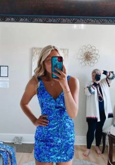 Blue Short Sequin Homecoming Dresses School Party Dress    