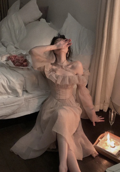 Ruffles One-shoulder Dress,Tulle Lantern Sleeve Fairy Dress,Homecoming Dress,Cottagecore Dress,Prom Dress       