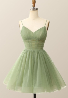 A Line Spaghetti Straps V Neck Short Above Knee Tulle Homecoming Dress    