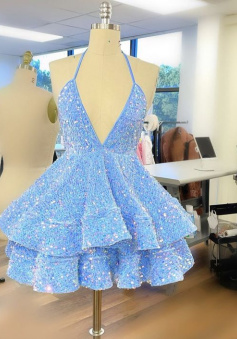 Blue Sequin Short Party Dress Homecoming Dress     