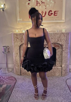 Black Women Homecoming Dress 2023 Spaghetti Straps Satin with Ruffles    