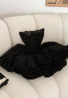 Cute Ball Gown Strapless Black Ruffles Lace Homecoming Dress Short Birthday Outfits    
