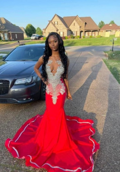 Red Evening Dress Custom Made Black Girl Mermaid Prom Gowns    