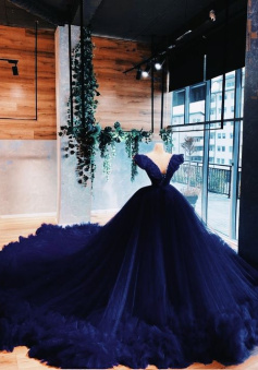 Navy blue long ball gown prom dress     