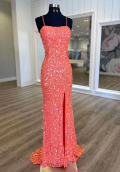 glitter coral sequined prom dress long fromal dress with slit   