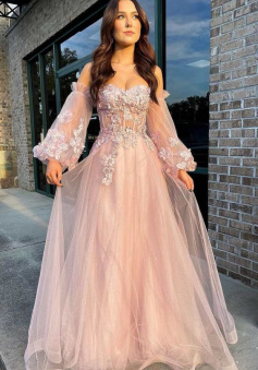 Pink Tulle Strapless Puff Sleeve A-Line Prom Dress     