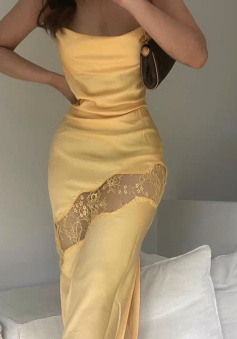 Yellow Long prom dresses sexy party dress   