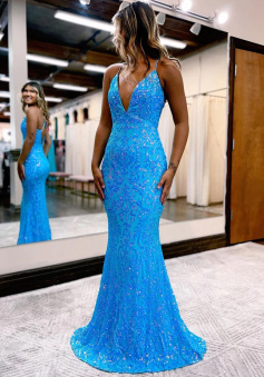 Charming Mermaid V Neck Blue Lace Sequins Long Prom Dresses      
