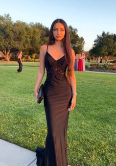 Black lace prom dresses long evening dress  
