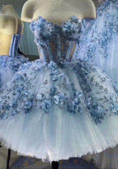 Blue Tulle Short Homecoming Dress With 3D Flowers   