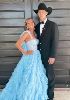 Light Sky Blue Tulle Princess Ruffle Straps With Tiered Long Prom Dress   