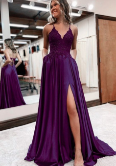 Elegant long a-line satin prom dresses v-neck split formal gown with lace appliques     