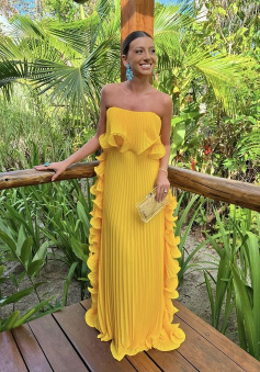 Yellow Pleated Prom Dresses Long Evening Gowns Formal Party Wear     