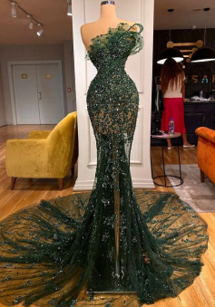 Long Train Strapless Green Party Dresses Arabic Mermaid Formal Evening Gowns For Women     