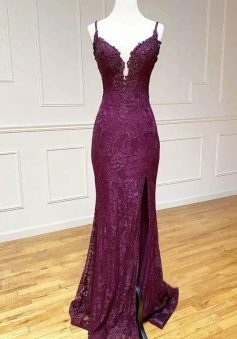 mermaid/trumpet spaghetti straps grape lace beaded long prom dress formal evening dress      