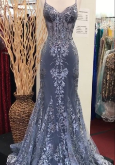 Charming V Neck Lace Mermaid Prom Dress Long Evening Dress      