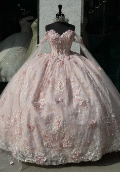 Light Pink Quinceanera Dress Off-Shoulder Lace Appliques Ball Gown     