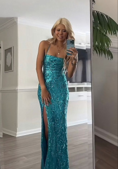 Blue Mermaid Spaghetti Straps Sexy Side-slit Prom Dress Sparkly blue prom dress   