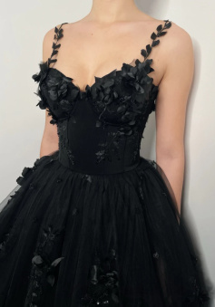 3D floral lace corset dress, alternative bride fantasy tulle train prom gown     